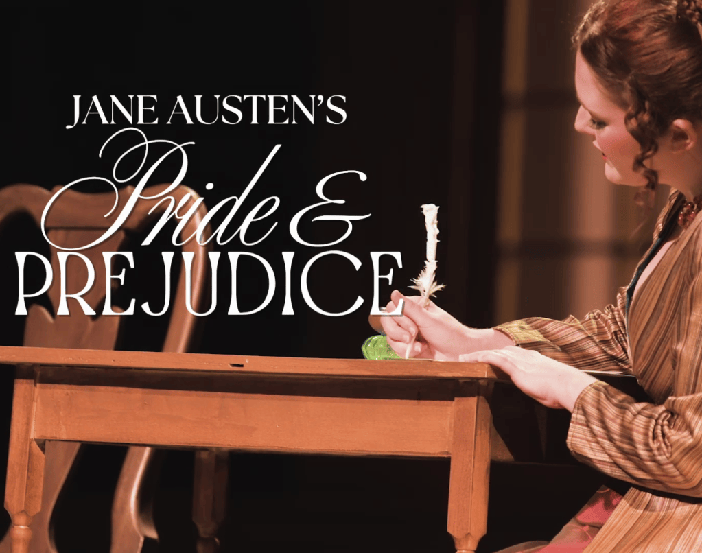 Elizabeth Bennett writes at her desk. Pride and Prejudice at Homefront Players